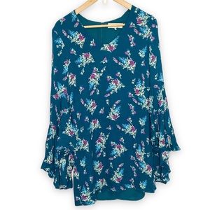 WAYF Floral Bell Sleeve Dress Mini Teal Size XS